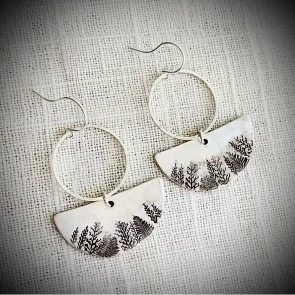 Forest Trees Landscape Silver Tone Earrings